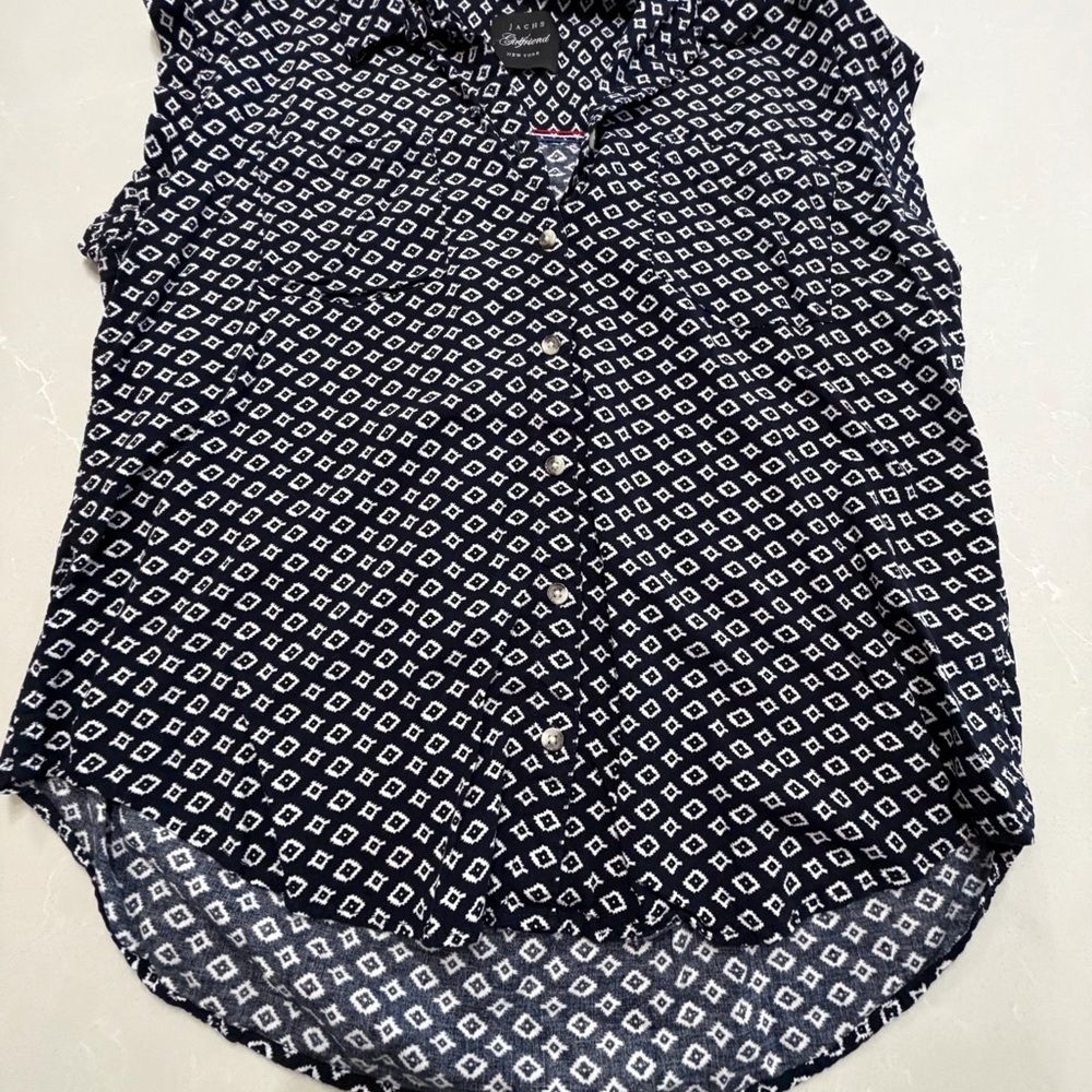 Jachs Navy and White Geometric Boyfriend Button Down Shirt, Large